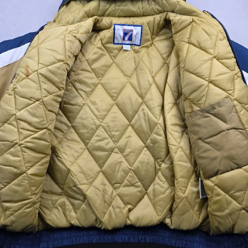 Vintage Logo 7 Notre Dame Fighting Irish Puffer Jacket Mens XL Navy‎ Gold Hooded